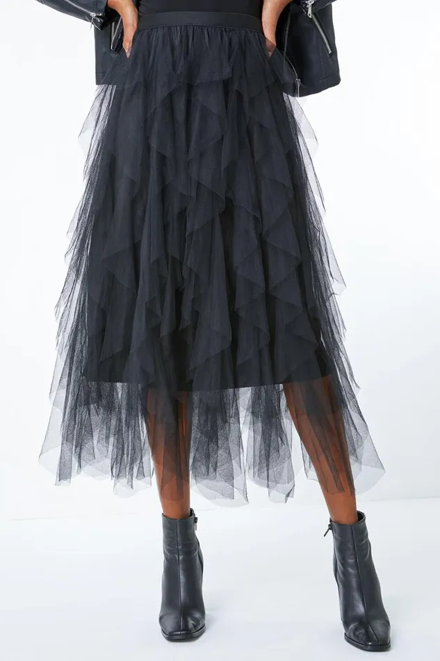 Women Black Elastic Waist Mesh Layered A Line Skirt Roman Occasionwear