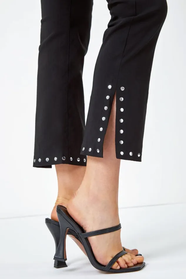 Women Black Elastic Waist Stud Detail Cropped Trouser Roman Trousers
