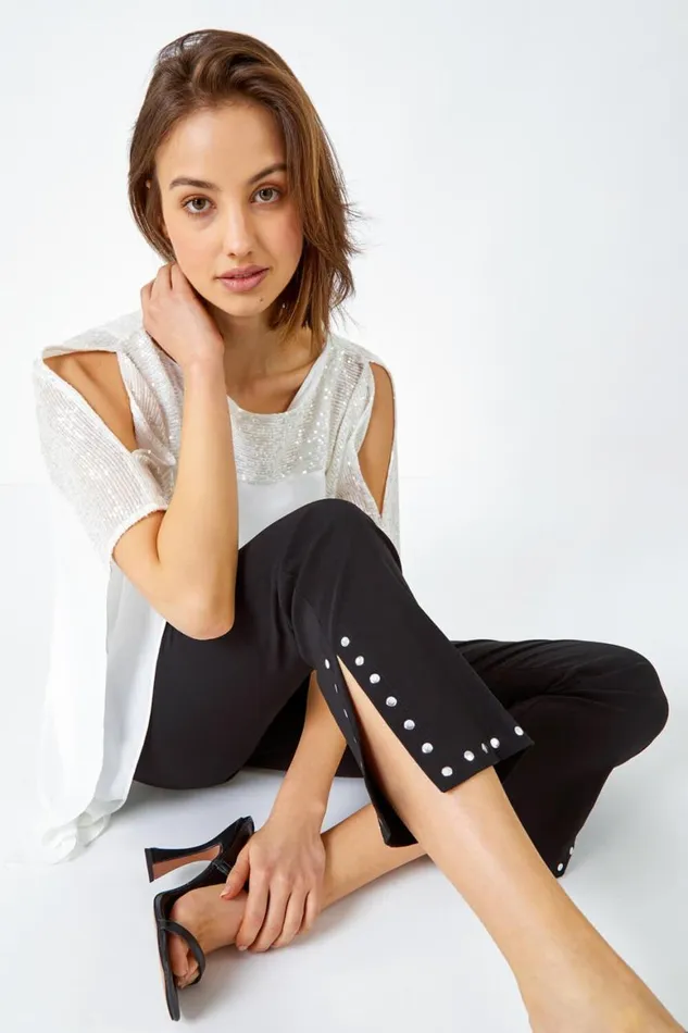 Women Black Elastic Waist Stud Detail Cropped Trouser Roman Trousers