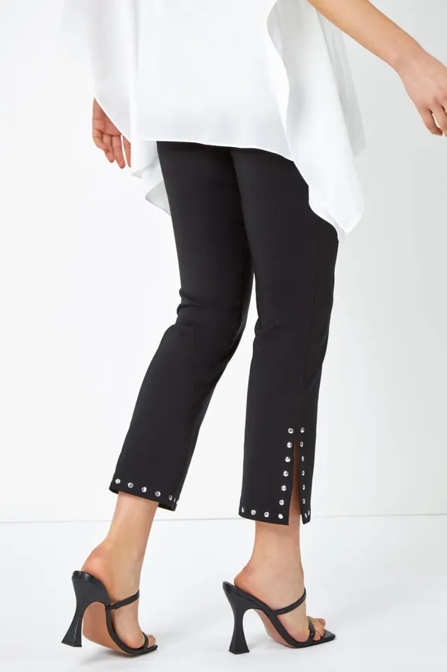 Women Black Elastic Waist Stud Detail Cropped Trouser Roman Trousers