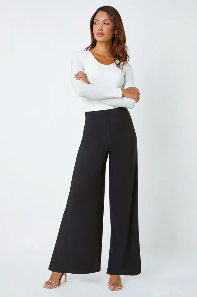 Women Black Elastic Waist Wide Leg Stretch Trousers Roman Trousers
