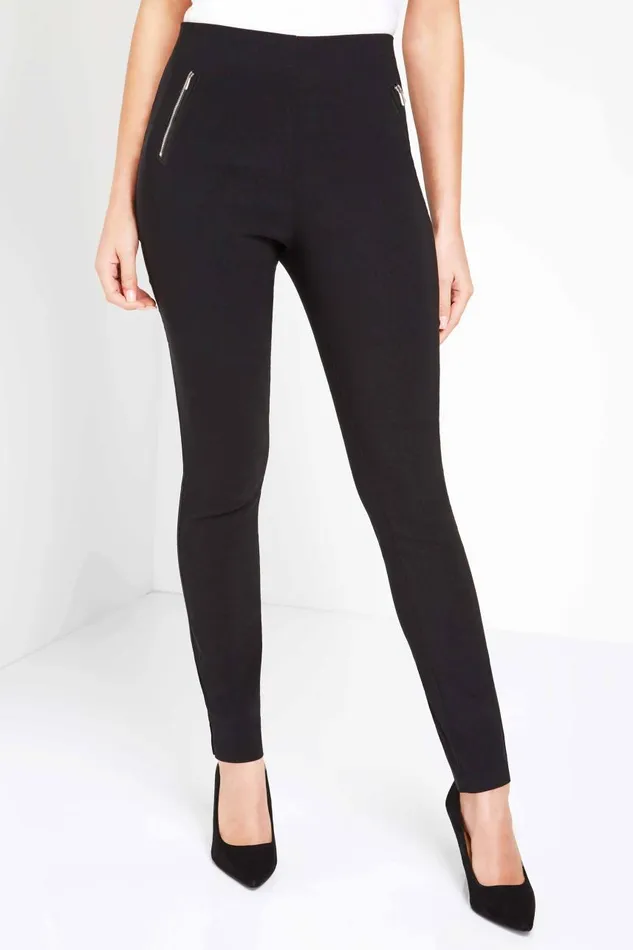 Women Black Elastic Waist Zip Detail Cropped Trousers Roman Trousers