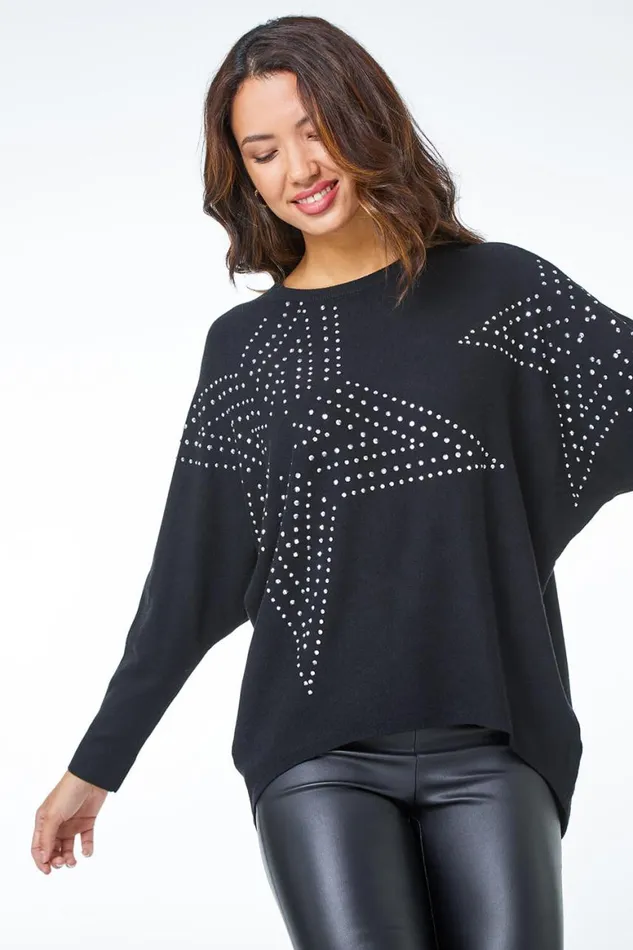 Women Black Embellished Star Batwing Jumper Roman Knitwear