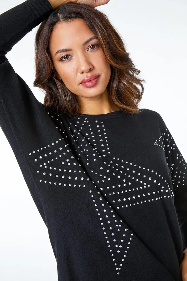 Women Black Embellished Star Batwing Jumper Roman Knitwear