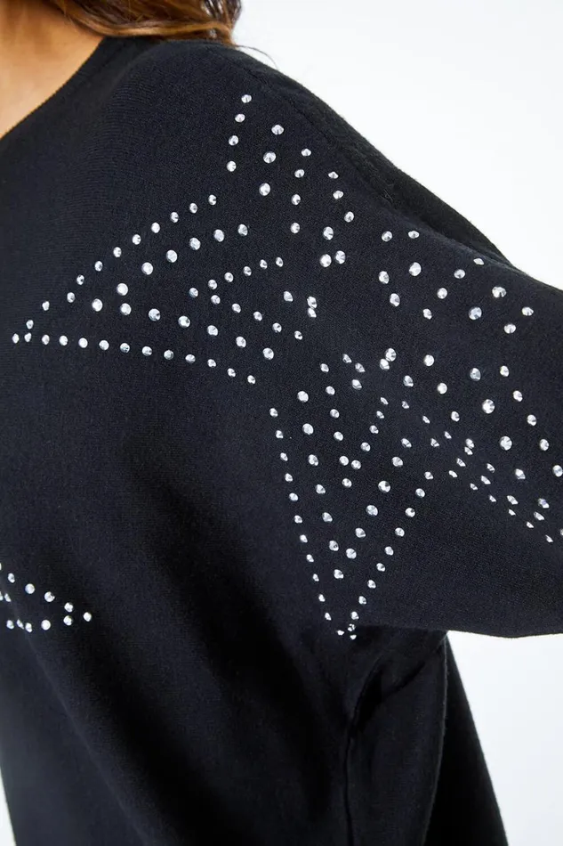 Women Black Embellished Star Batwing Jumper Roman Knitwear