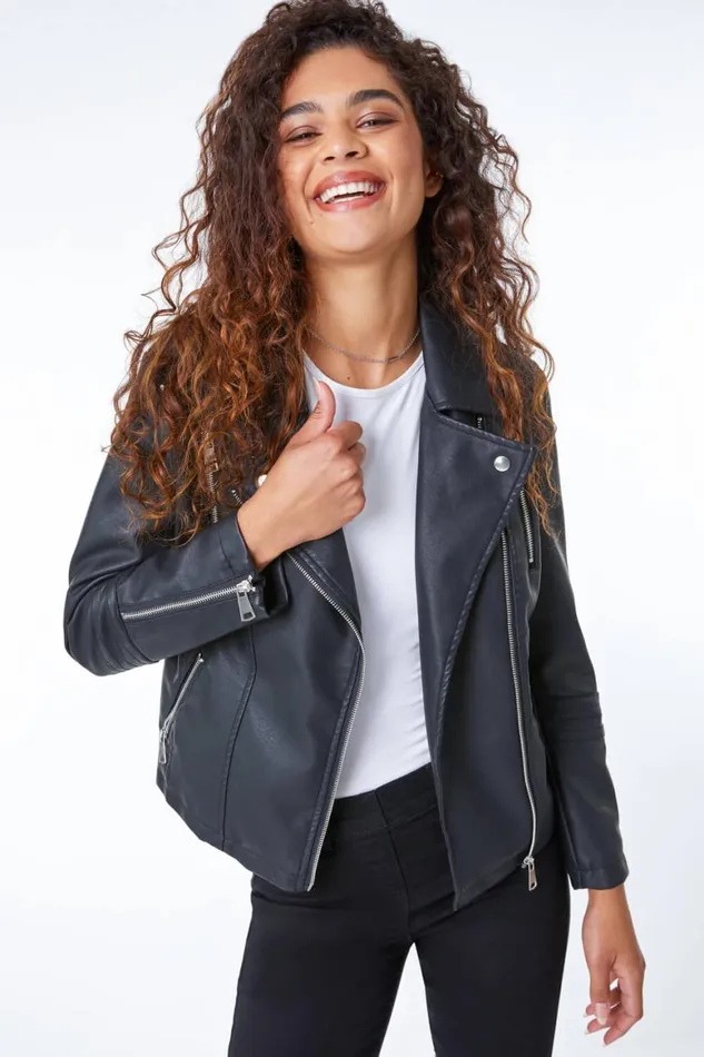 Women Black Faux Leather Biker Jacket Roman Jackets