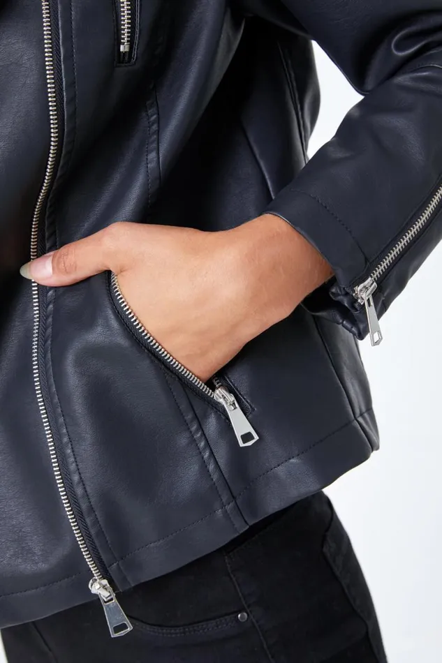 Women Black Faux Leather Biker Jacket Roman Jackets
