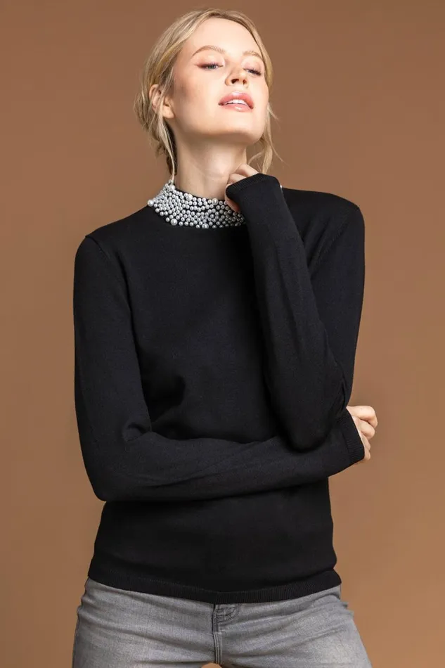Women Black Faux Pearl Embellished High Neck Jumper Roman Knitwear