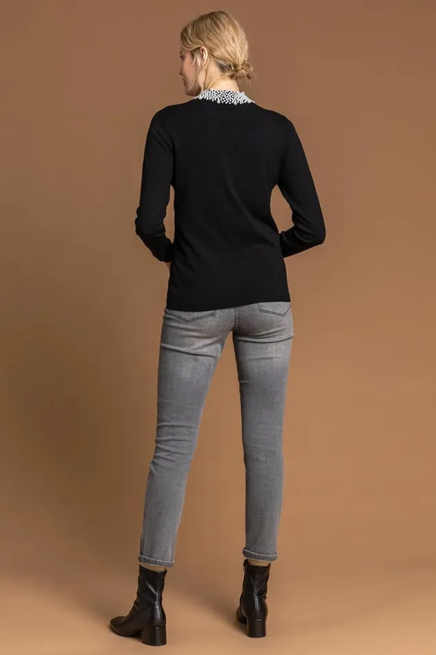 Women Black Faux Pearl Embellished High Neck Jumper Roman Knitwear