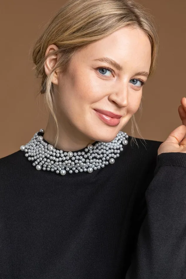 Women Black Faux Pearl Embellished High Neck Jumper Roman Knitwear