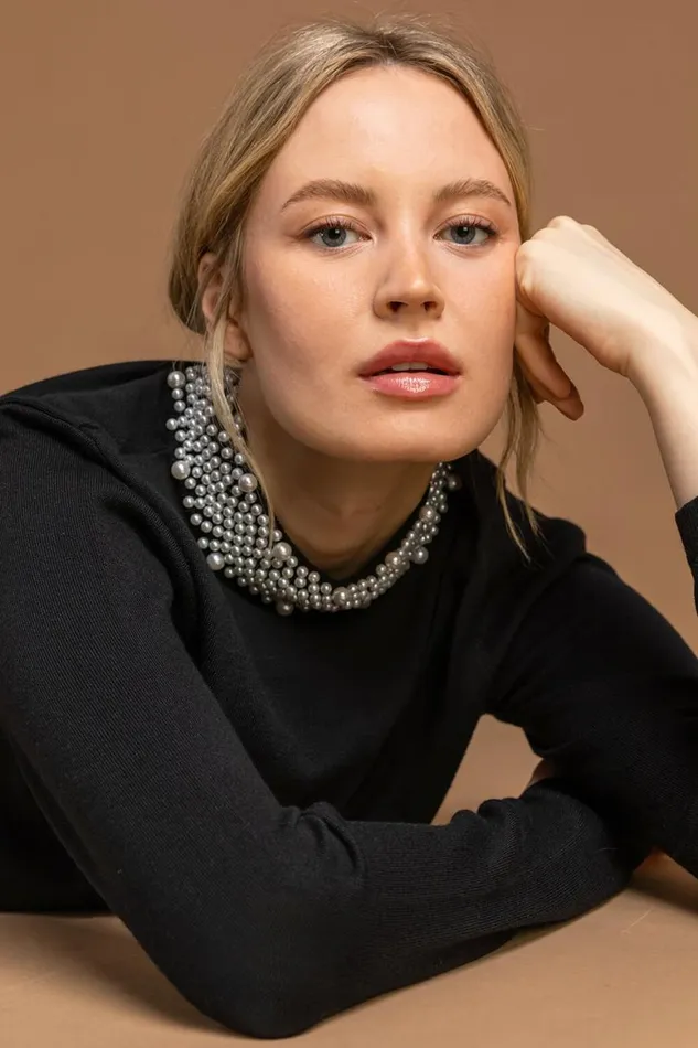Women Black Faux Pearl Embellished High Neck Jumper Roman Knitwear