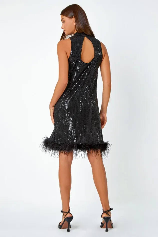 Women Black Feather Trim Sequin Halter Neck Stretch Dress Roman Dresses