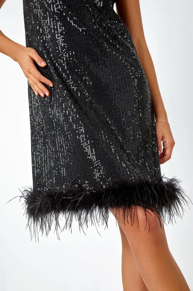 Women Black Feather Trim Sequin Halter Neck Stretch Dress Roman Dresses
