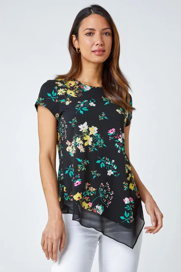Women Black Floral Chiffon Hem Stretch Top Roman Tops