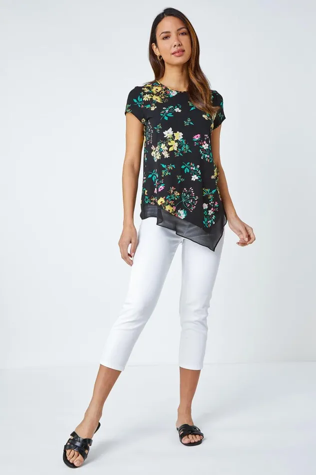 Women Black Floral Chiffon Hem Stretch Top Roman Tops