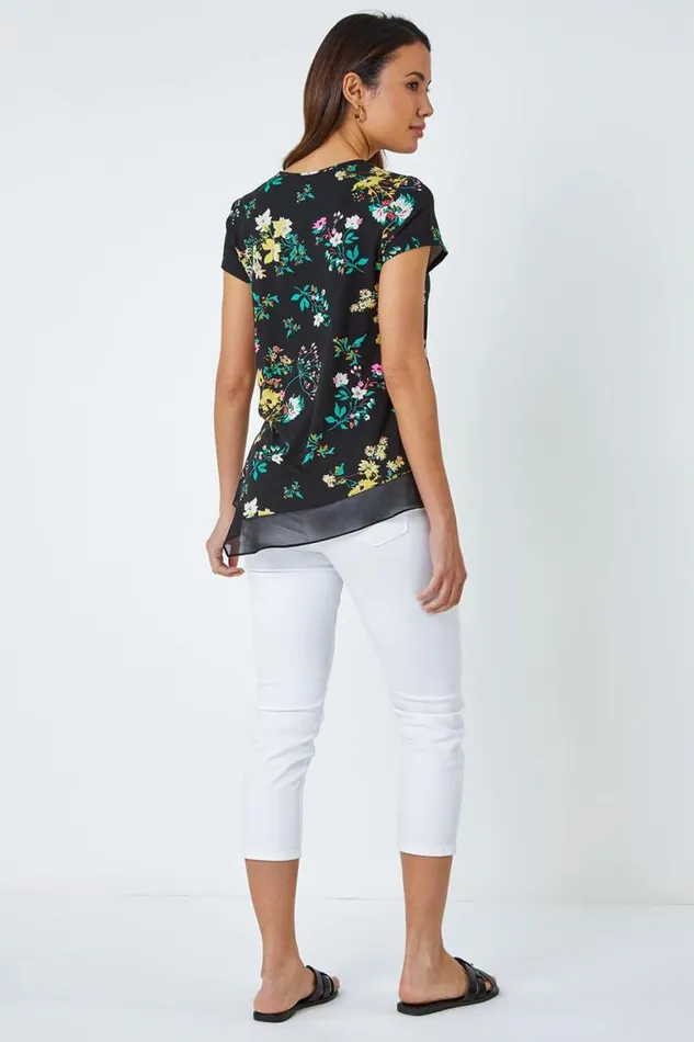 Women Black Floral Chiffon Hem Stretch Top Roman Tops