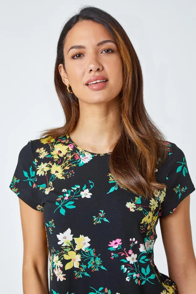 Women Black Floral Chiffon Hem Stretch Top Roman Tops