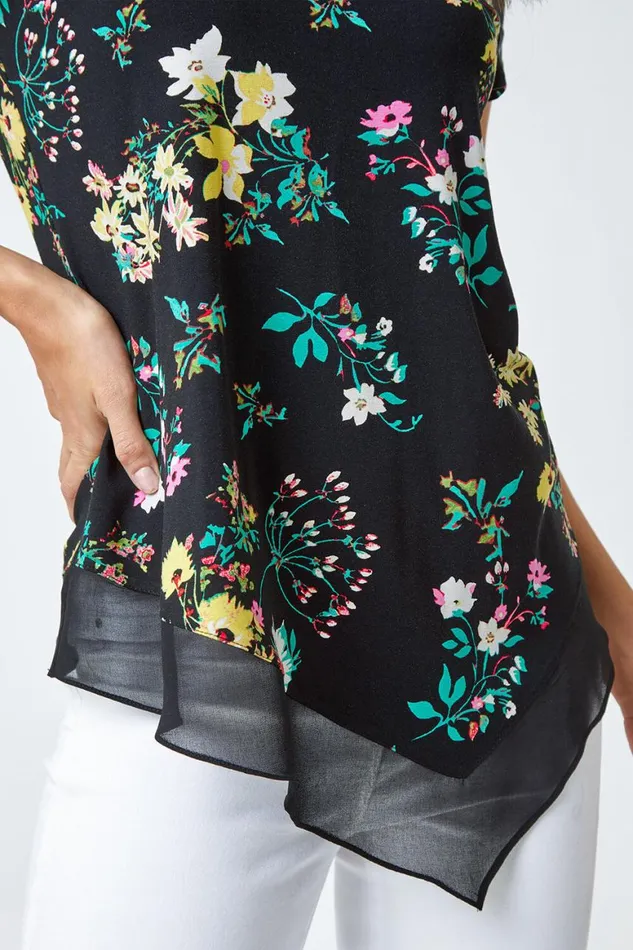Women Black Floral Chiffon Hem Stretch Top Roman Tops