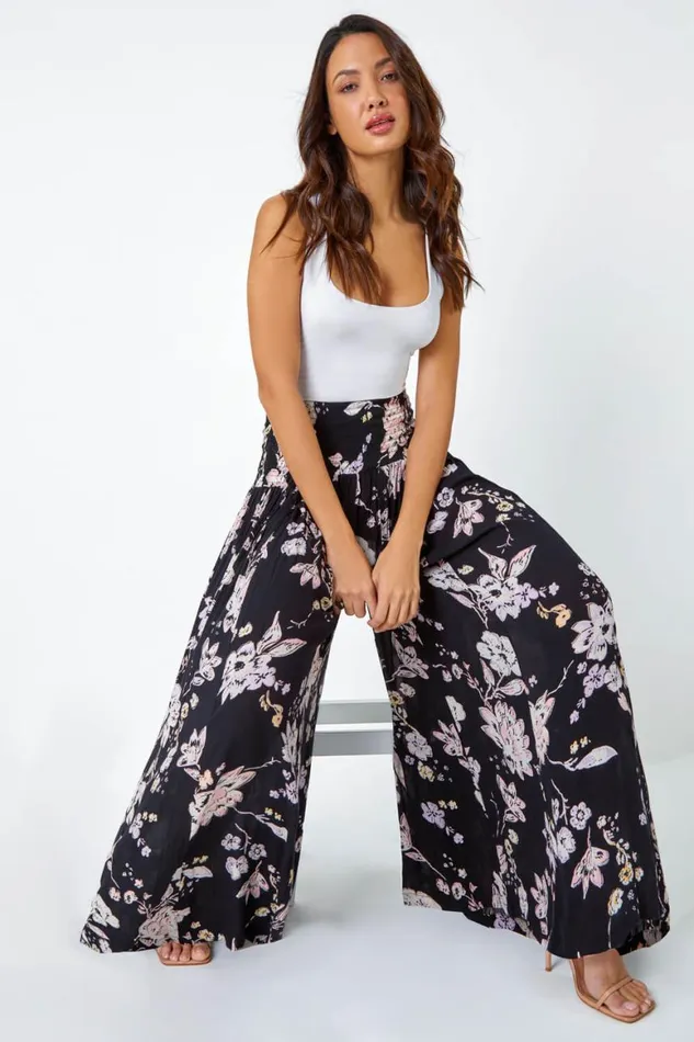 Women Black Floral Elastic Waist Wide Leg Palazzo Trousers Roman Trousers