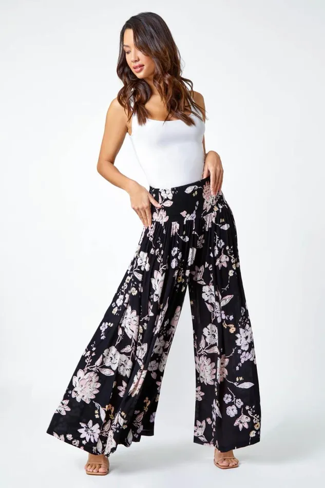 Women Black Floral Elastic Waist Wide Leg Palazzo Trousers Roman Trousers