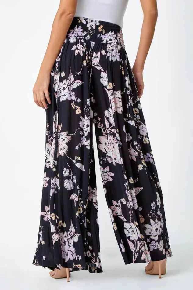Women Black Floral Elastic Waist Wide Leg Palazzo Trousers Roman Trousers
