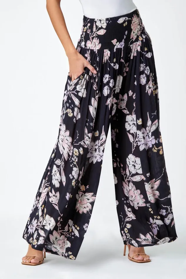 Women Black Floral Elastic Waist Wide Leg Palazzo Trousers Roman Trousers