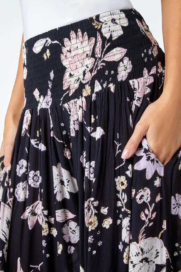 Women Black Floral Elastic Waist Wide Leg Palazzo Trousers Roman Trousers