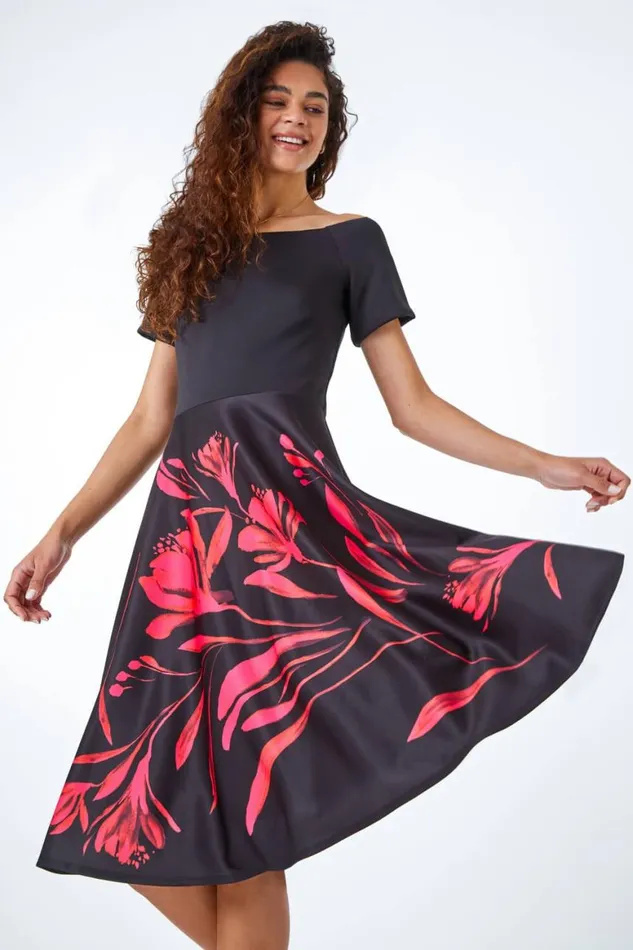Women Black Floral Fit and Flare Bardot Dress Roman Dresses