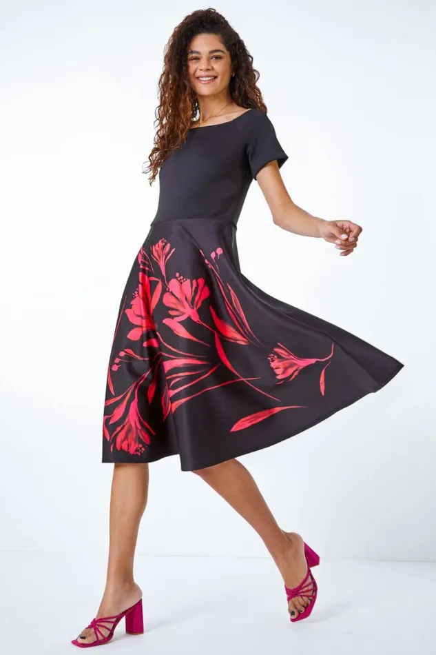 Women Black Floral Fit and Flare Bardot Dress Roman Dresses