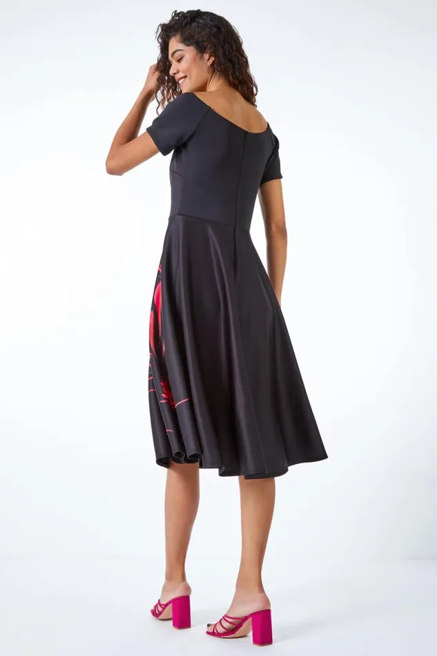Women Black Floral Fit and Flare Bardot Dress Roman Dresses