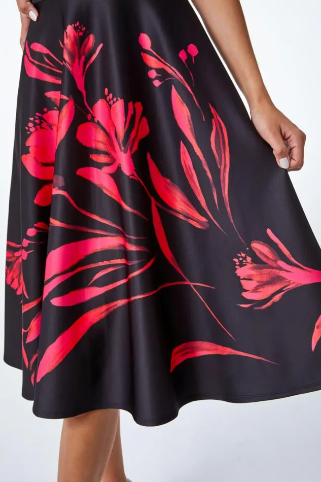 Women Black Floral Fit and Flare Bardot Dress Roman Dresses