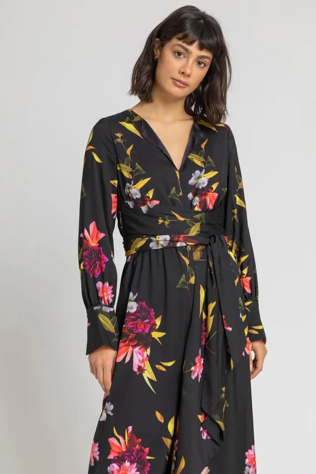 Women Black Floral Print Maxi Dress Roman Dresses
