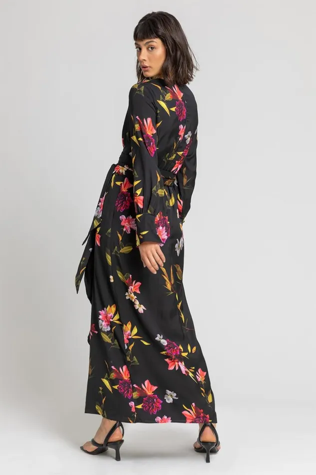 Women Black Floral Print Maxi Dress Roman Dresses