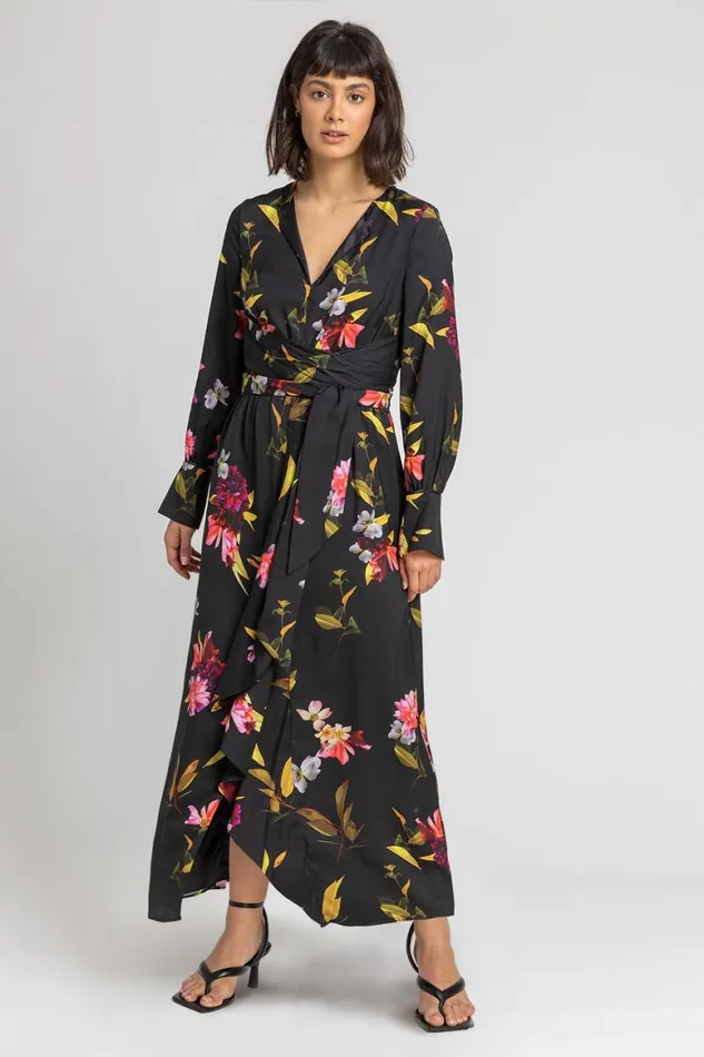 Women Black Floral Print Maxi Dress Roman Dresses