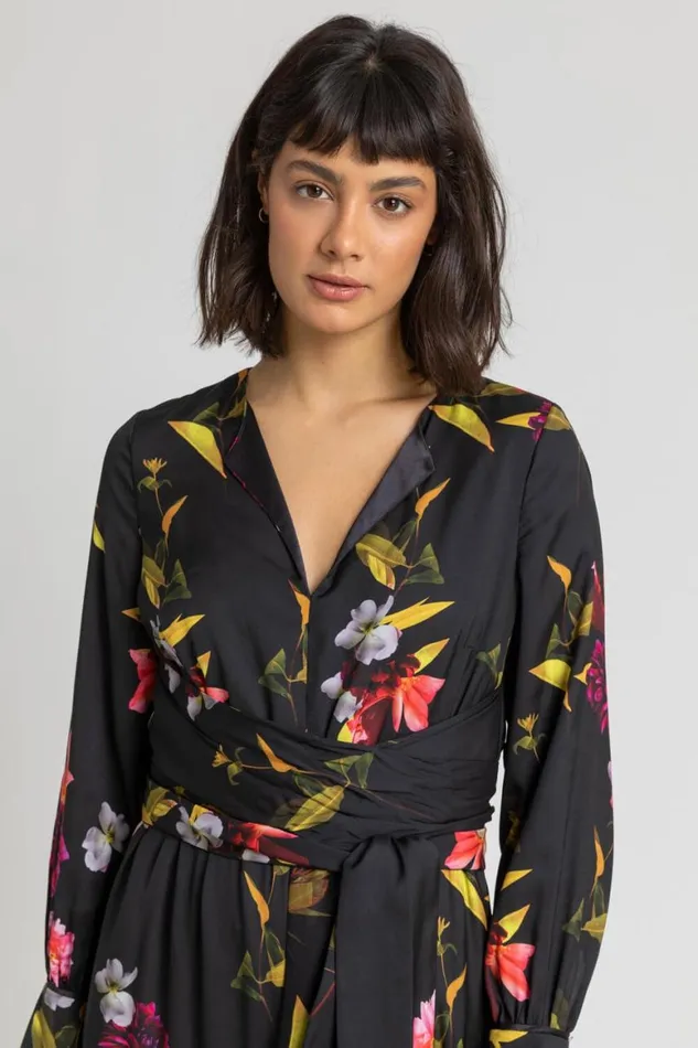 Women Black Floral Print Maxi Dress Roman Dresses