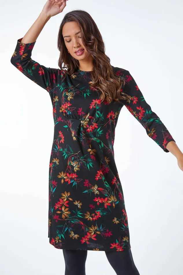 Women Black Floral Print Pleated Waist Dress Roman Dresses