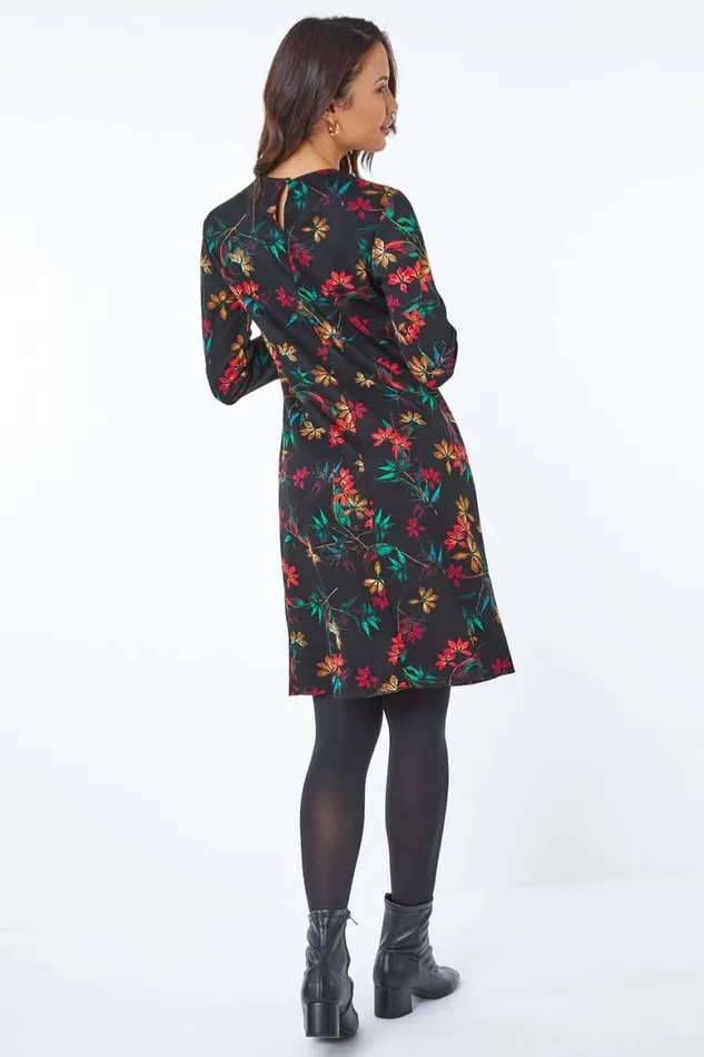 Women Black Floral Print Pleated Waist Dress Roman Dresses
