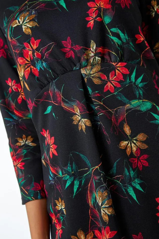 Women Black Floral Print Pleated Waist Dress Roman Dresses