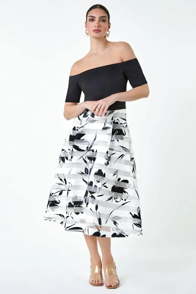 Women Black Floral Print Premium Stretch Bardot Dress Roman Dresses