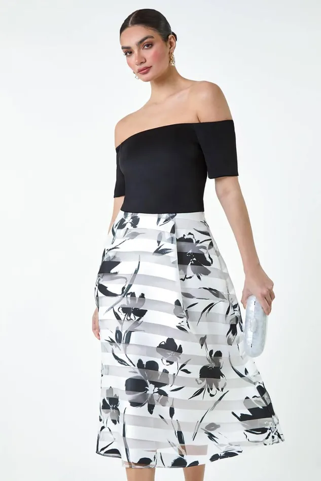 Women Black Floral Print Premium Stretch Bardot Dress Roman Dresses