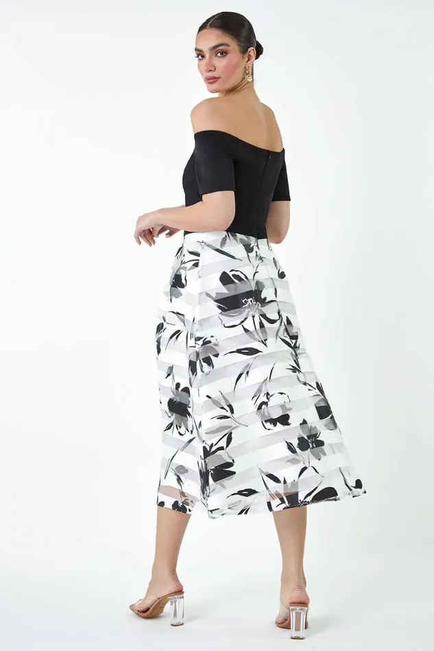 Women Black Floral Print Premium Stretch Bardot Dress Roman Dresses
