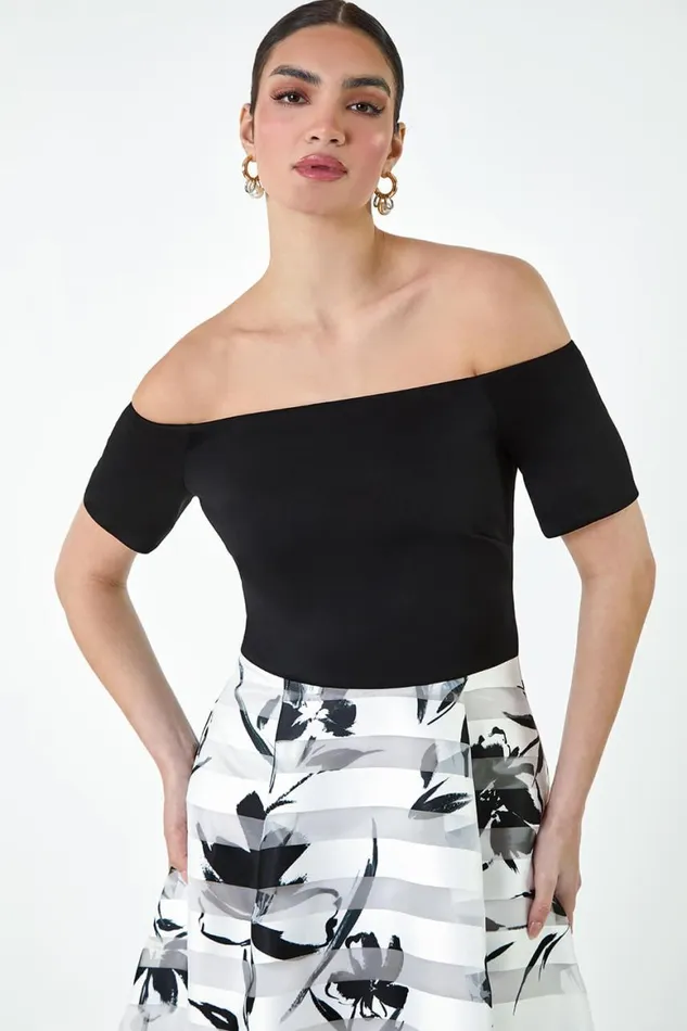 Women Black Floral Print Premium Stretch Bardot Dress Roman Dresses