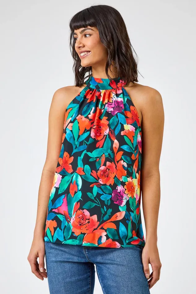 Women Black Floral Print Tie Detail Blouse Roman Tops