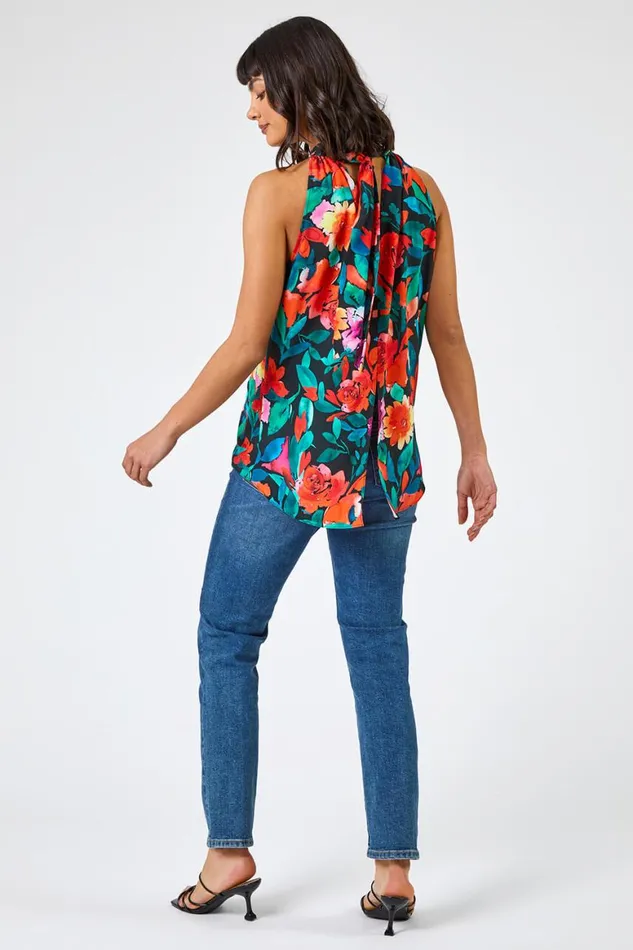 Women Black Floral Print Tie Detail Blouse Roman Tops