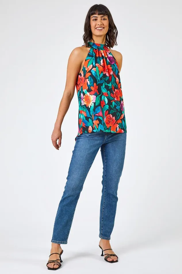 Women Black Floral Print Tie Detail Blouse Roman Tops
