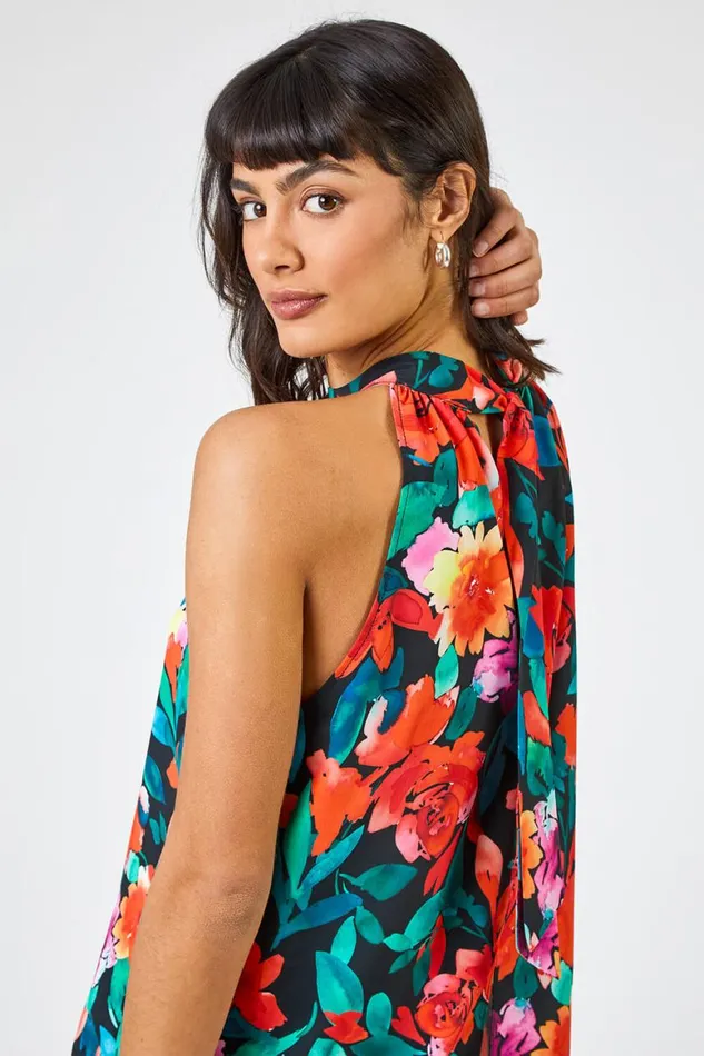 Women Black Floral Print Tie Detail Blouse Roman Tops