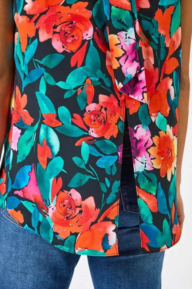 Women Black Floral Print Tie Detail Blouse Roman Tops