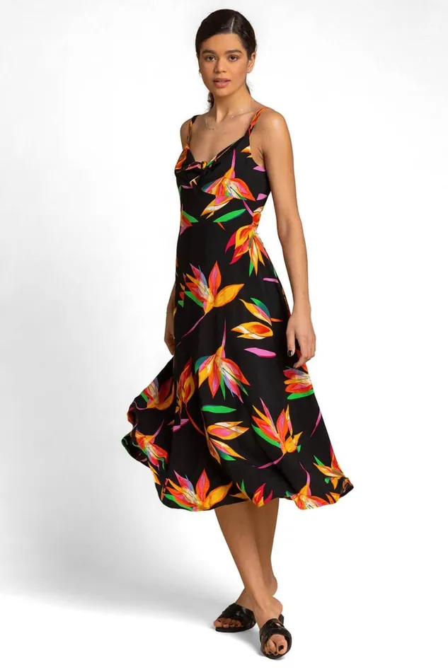 Women Black Floral Print Tie Front Midi Dress Roman Dresses