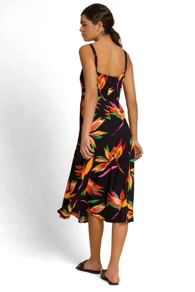 Women Black Floral Print Tie Front Midi Dress Roman Dresses
