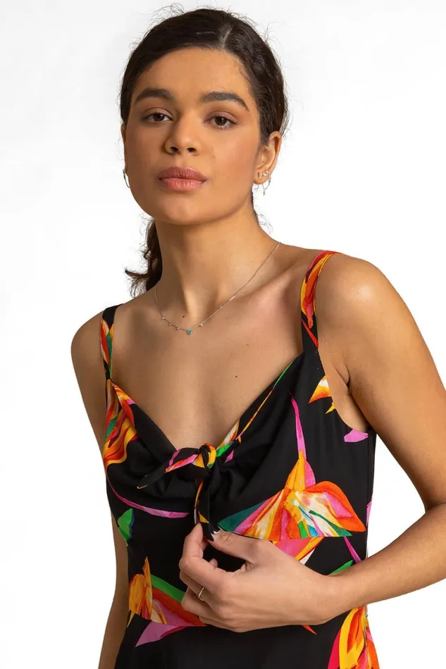 Women Black Floral Print Tie Front Midi Dress Roman Dresses